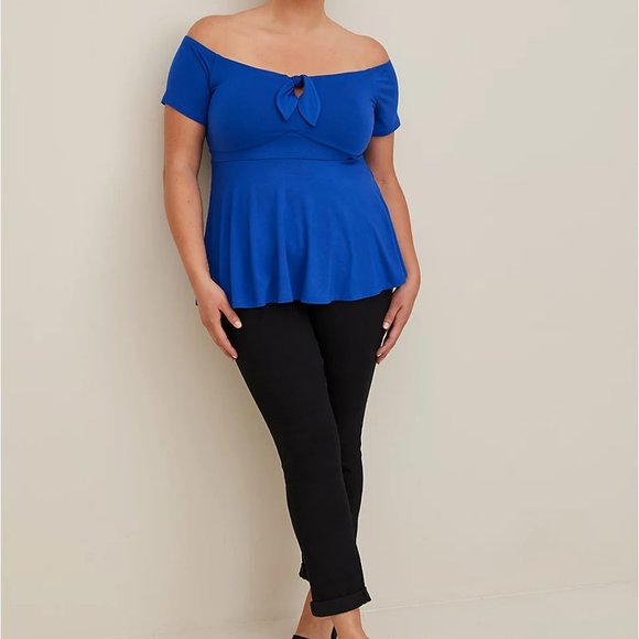 *SOLD• Torrid Blue Off-Shoulder Tie Front Super Soft Babydoll Top Plus Size 4X - Picture 2 of 6